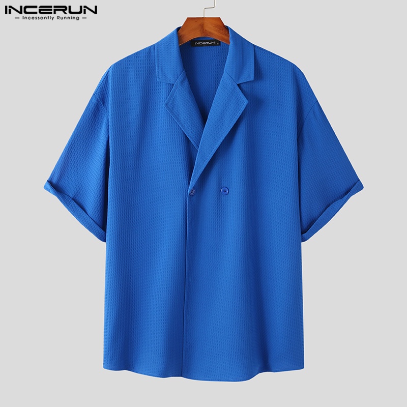 Áo sơ mi INCERUN ngắn tay dáng rộng phối nút phong cách hippie cho nam