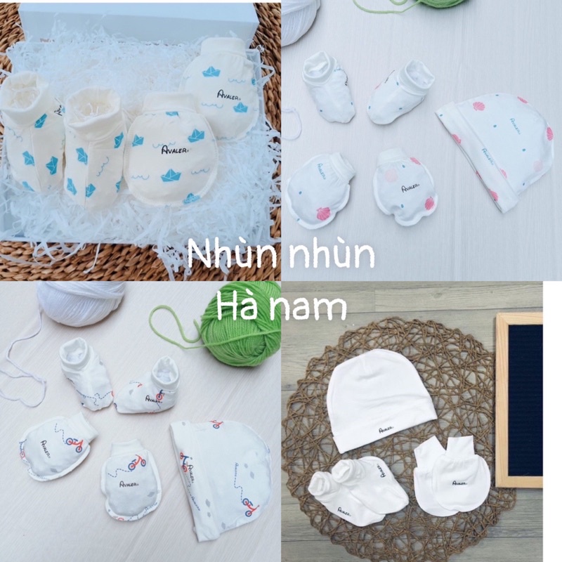{Nhiều hình} Set Avaler mũ và bao tay bao chân như hình(chất sợi tre- mẫu hoạ tiết các màu)hoặc bán rời bao tay chân