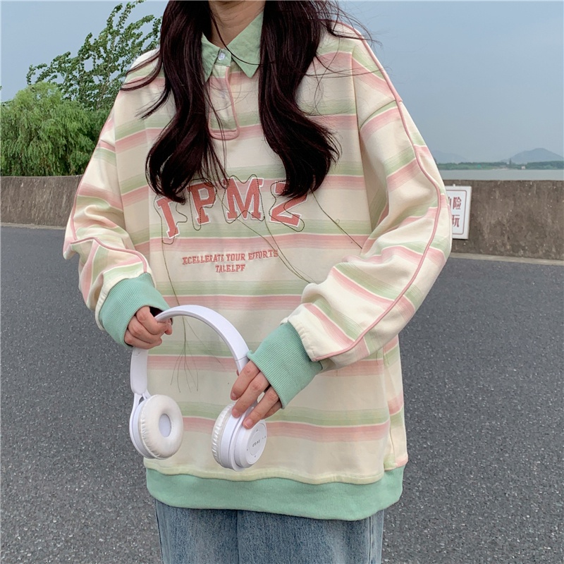 SUXI Áo Thun POLO Dài Tay Họa Tiết Kẻ Sọc Thời Trang Thu Đông Đơn Giản Cho Nữ