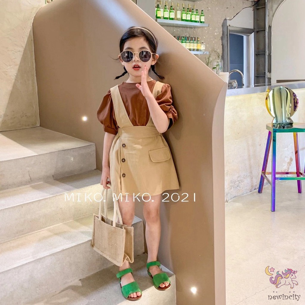 Set áo tay phồng kèm váy yếm phong cách Hàn Quốc thời trang mùa hè cho bé gái