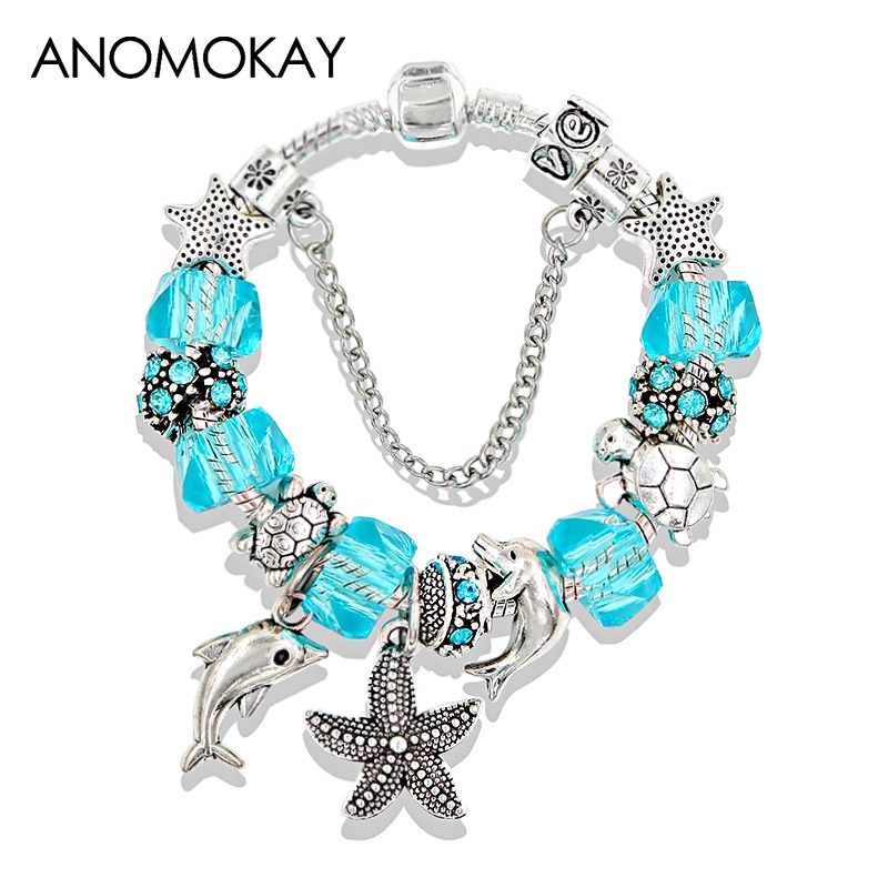 Dropshipping 5 Colors Ocean Starfish Dolphin Bead Bracelet DIY Crystal Charm Bracelets & Bangles Fashion Jewelry Gift