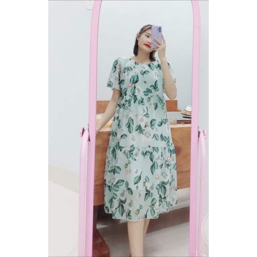 Váy bầu dáng suông màu xanh ngọc hoạ tiết hoa đẹp mắt,có đủ size từ 45kg-75kg