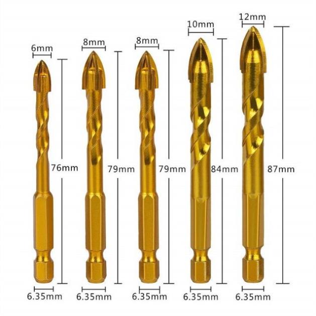 Mũi khoan đa năng (gạch, kính, đá hoa...) chuôi lục giác đầu chữ Thập size 6-8-10-12mm màu vàng