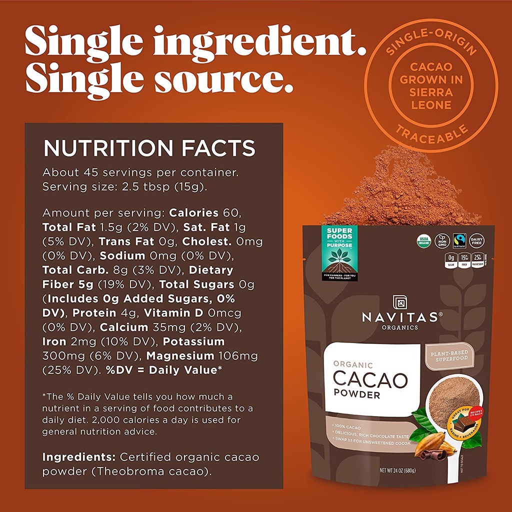 Bột Cacao Hữu Cơ Nguyên Chất Navitas Organic Cacao Power 680g