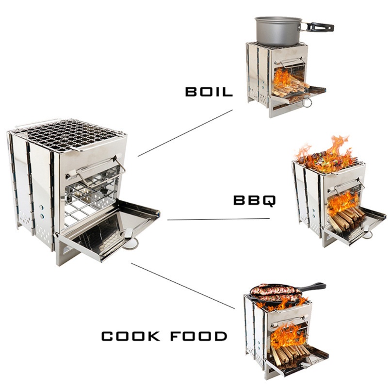 Bếp Củi Bằng Thép Không Gỉ Có Thể Gấp Gọn Tiện Dụng Cho Dã Ngoại/ Cắm Trại