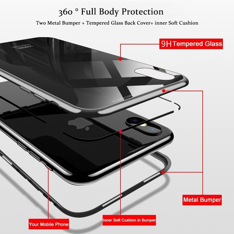 Ốp điện thoại kính cường lực viền kim loại khoá từ tính cho iPhone 7/7 Plus/8/8 Plus/X