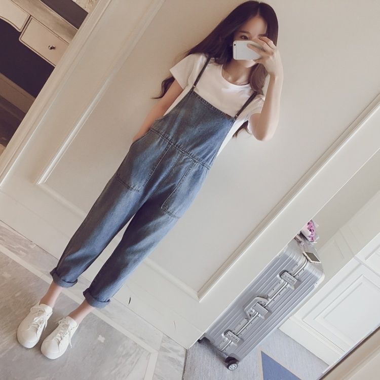 Bộ Áo Liền Quần Denim Dáng Rộng Phong Cách Hàn Quốc Dễ Thương Thời Trang Xuân Thu Cho Nữ 2022