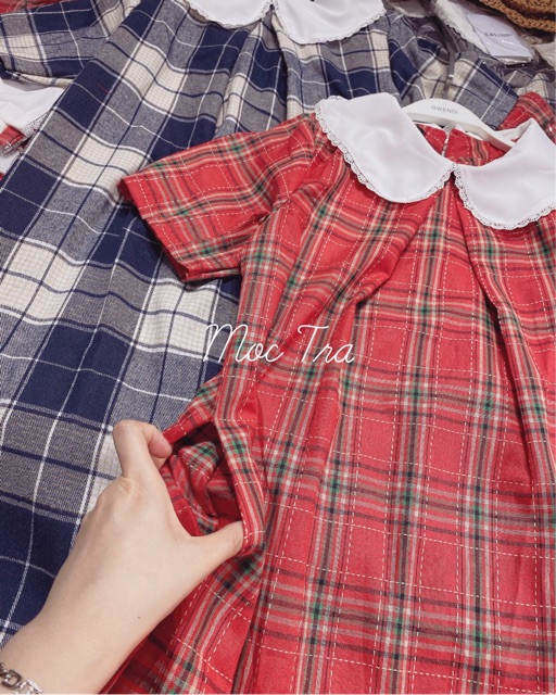 Váy Suông Kẻ Đỏ Cổ Sen Siêu Xinh , Đầm Suông Kẻ Đỏ Cao Cấp