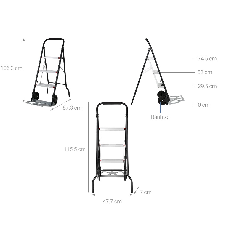 Thang ghế 3 bậc kết hợp xe đẩy hàng Kachi MK183 Bảo Hành Chính Hãng 18 Tháng