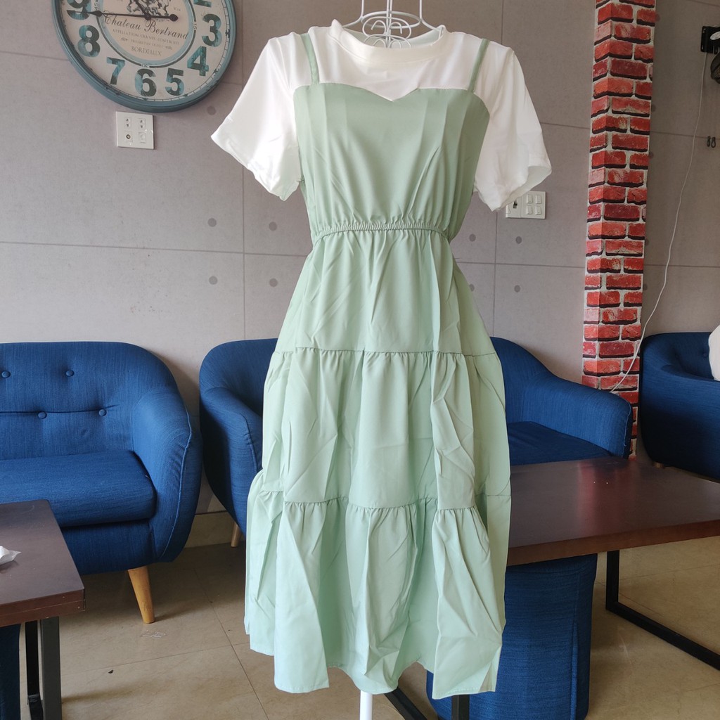 Đầm xòe giả áo dài , váy tầng giả yếm phối phông trắng bánh bèo tiểu thư nhiều màu siêu xinh. | BigBuy360 - bigbuy360.vn