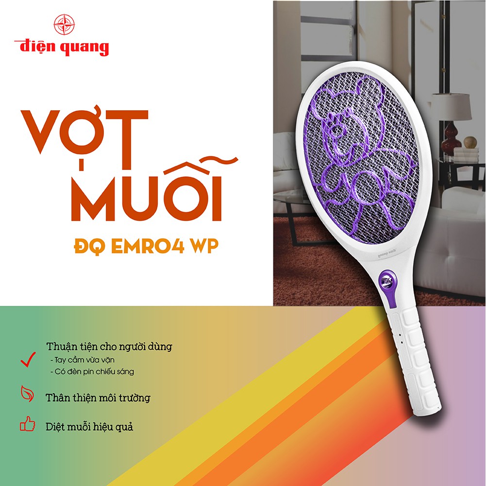 Vợt muỗi Điện Quang ĐQ EMR04 WP (trắng - tím) - Xả nhanh dòng điện 5s, chống giật. Lưới vợt chống gỉ - BH 12 tháng