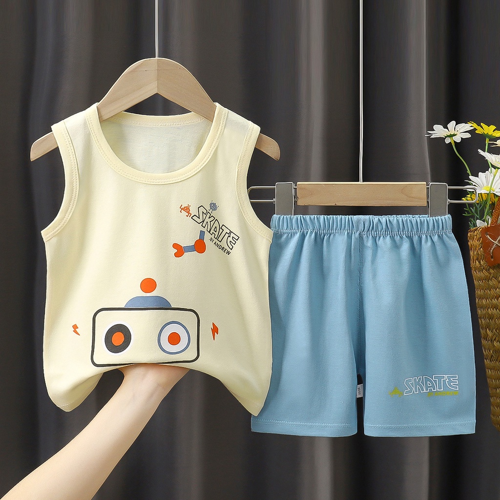 Bộ Đồ 2 Món Áo Dệt Kim Không Tay Quần Ngắn Vải Cotton Thấm Hút Mồ Hôi In Hoạt Hình Dành Cho Bé Trai Gái