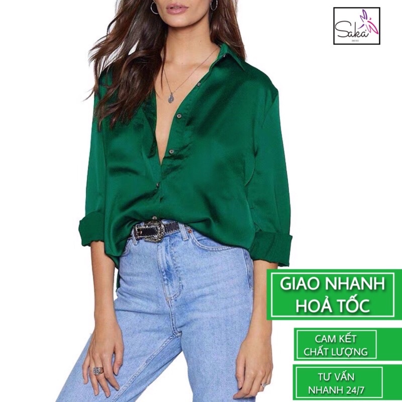 Áo sơ mi nữ lụa cao cấp tay dài màu xanh lá cây không nhăn mát mịn