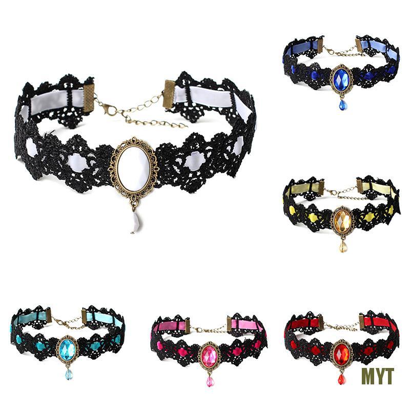 Vòng Cổ Choker Vải Nhung Màu Đen Đính Đá Pha Lê Phong Cách Gothic Vintage