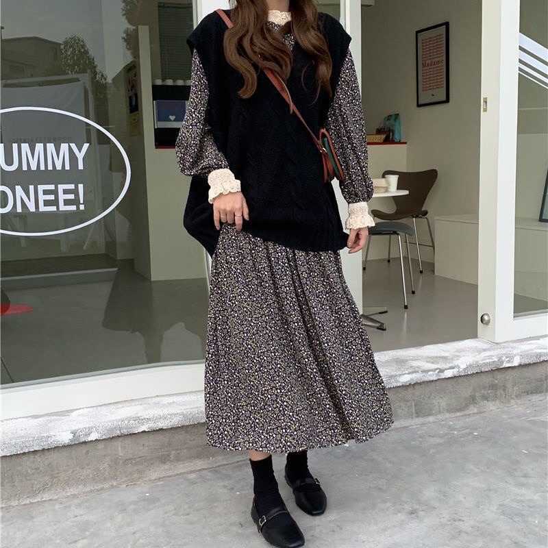 Đầm Maxi Nữ Taobao Quảng Châu Hoạ Tiết Hoa Nhí Dáng Xoè Babydoll Dài Tay Bồng Phong Cách Vintage Phối Viền Ren Thu Đông