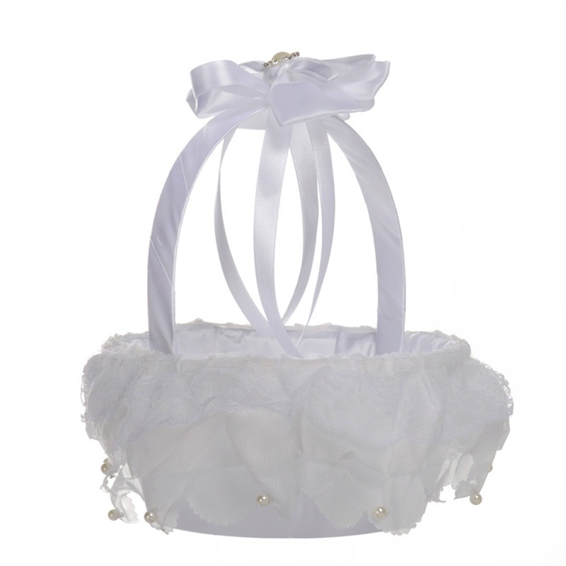 Giỏ Hoa Nhỏ 7.1in Bằng Vải Satin Phối Ren Trắng Dùng Trang Trí Đám Cưới Wx8.7In H