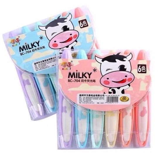 Set gồm 6 cây bút dạ quang bò sữa dễ thương