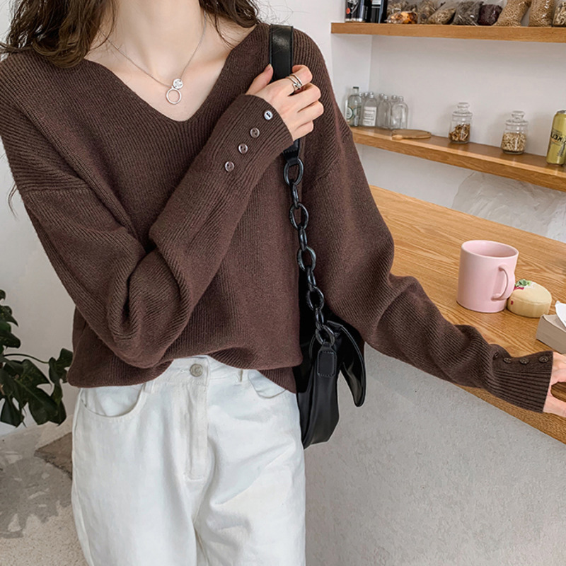 Áo Len Tay Dài Cổ Chữ V Form Rộng Kiểu Dáng Hợp Thời Trang