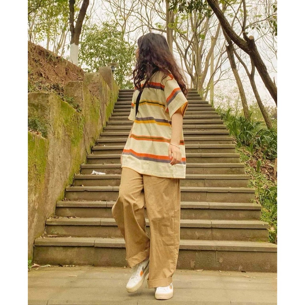 Set Kaki Thun Kẻ Ngang PEONYB Nữ [FREESHIP] 🌸 Bộ quần suông ống rộng kèm áo phông tay lỡ form rộng cá tính Ulzzang 🌸