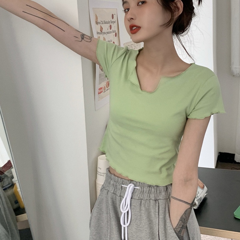 Áo Thun Crop Top Tay Ngắn Cổ Chữ V Khoét Sâu Màu Trơn Thời Trang Cho Nữ