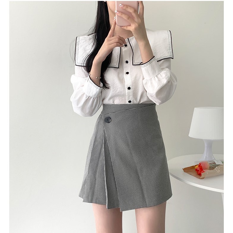 Áo Sơ Mi Nữ Tay Dài / Chân Váy Chữ A Lưng Cao Họa Tiết Chặn Màu Retro 30872