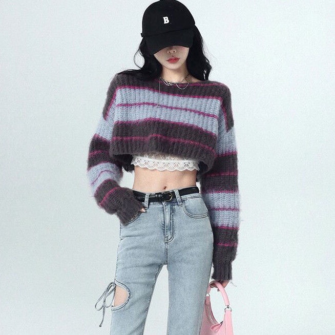 LALISAS Áo Dệt Kim Dáng Rộng Ngắn Họa Tiết Kẻ Sọc Màu Sắc Tương Phản Phong Cách Hàn