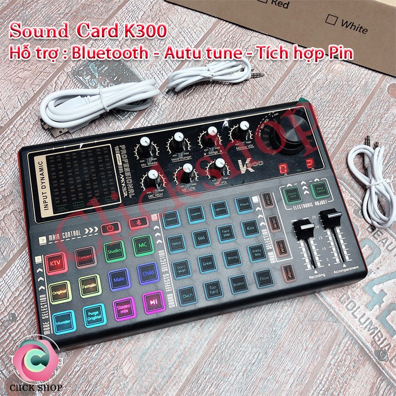 Sound card k300 có bluetooth auto tune hỗ trợ các mic thu âm livestream hay mic karaoke - K300 tích hộp pin và đèn led