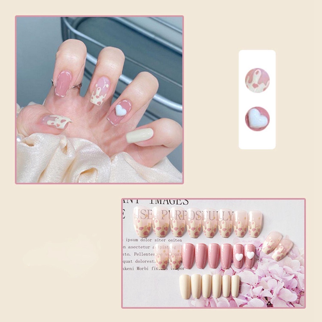 Bộ 24 Móng Tay Giả Đầu Tròn / Vuông / Trái Tim / Nơ Xinh Xắn