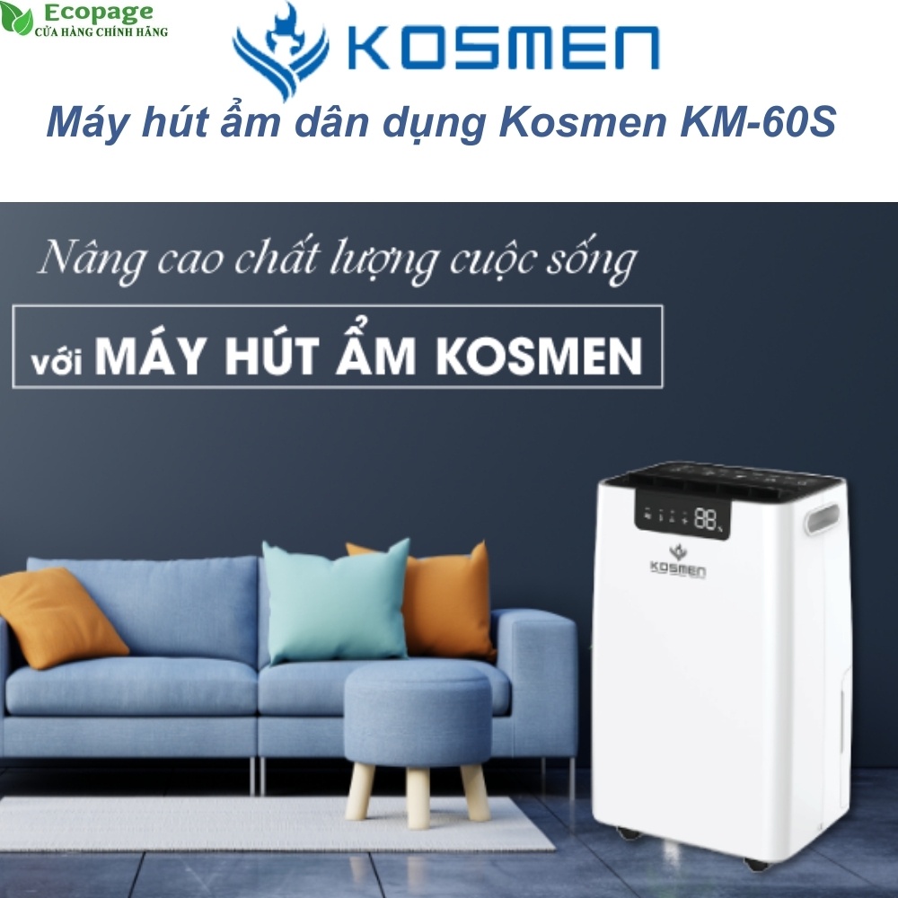 Máy hút ẩm, máy lọc không khí chính hãng Kosmen KM-60S, dung tích 7L, thông minh, đa năng, BH 24 tháng