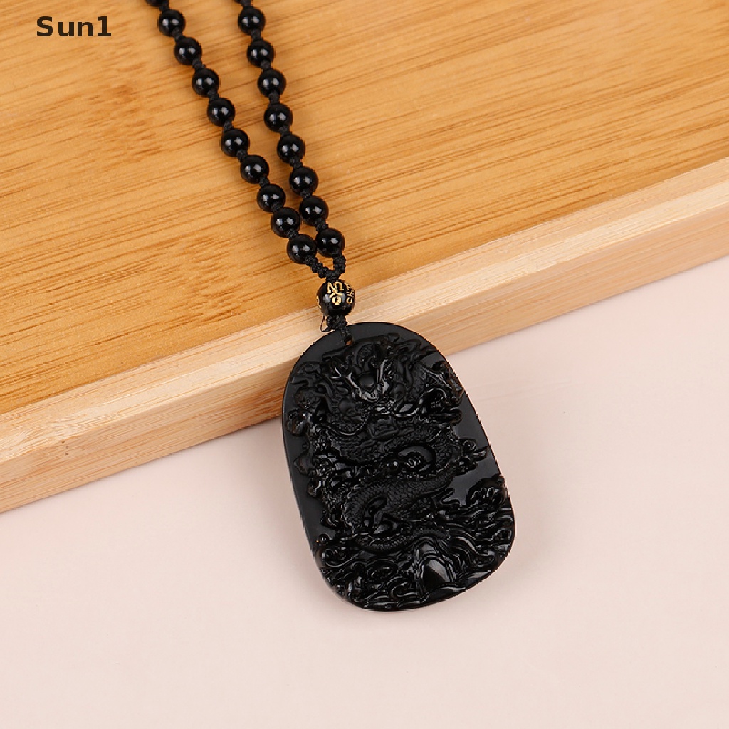 Vòng cổ mặt đá Obsidian tự nhiên hình rồng màu đen thời trang 2022