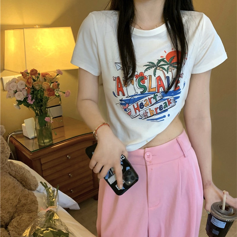 Áo Thun Tay Ngắn Cổ Tròn Dáng Ôm Dễ Thương Thời Trang Mùa Hè Cho Nữ