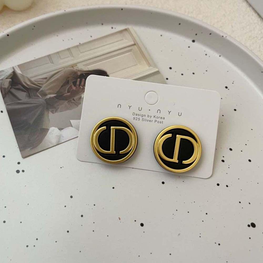 EXPEN Bông Tai Hình Tròn Họa Tiết Chữ D Bằng Bạc Phong Cách Hàn Quốc Thời Trang Cho Nữ