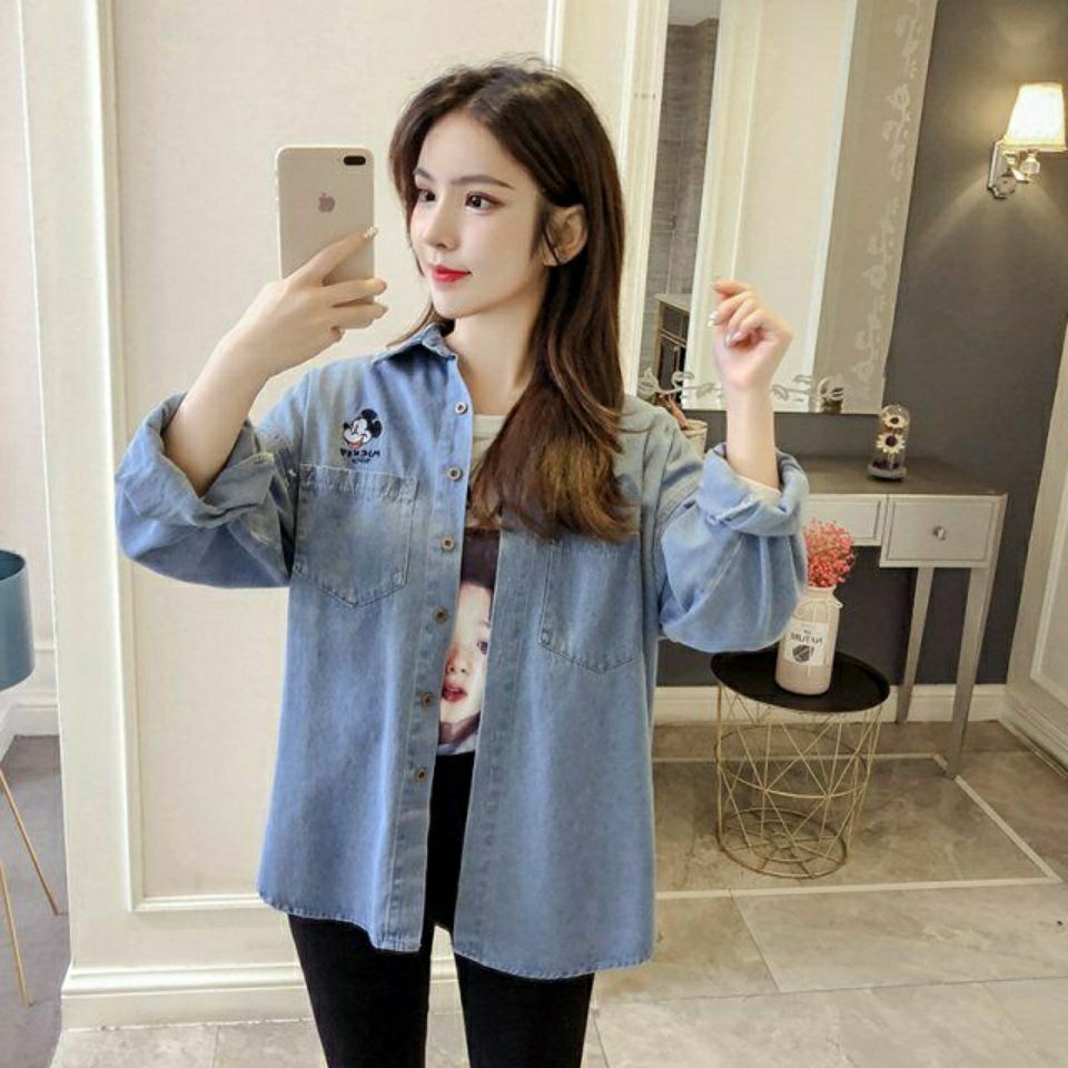 Áo Sơ Mi Denim Dài Tay Dáng Rộng Thời Trang Mùa Thu 2020 Dành Cho Nữ