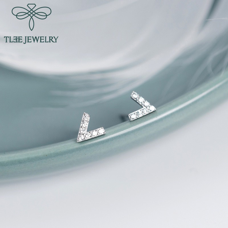 Khuyên tai bạc nữ TLEE chữ V nạm đá mini xinh xắn TleeJewelry B0135