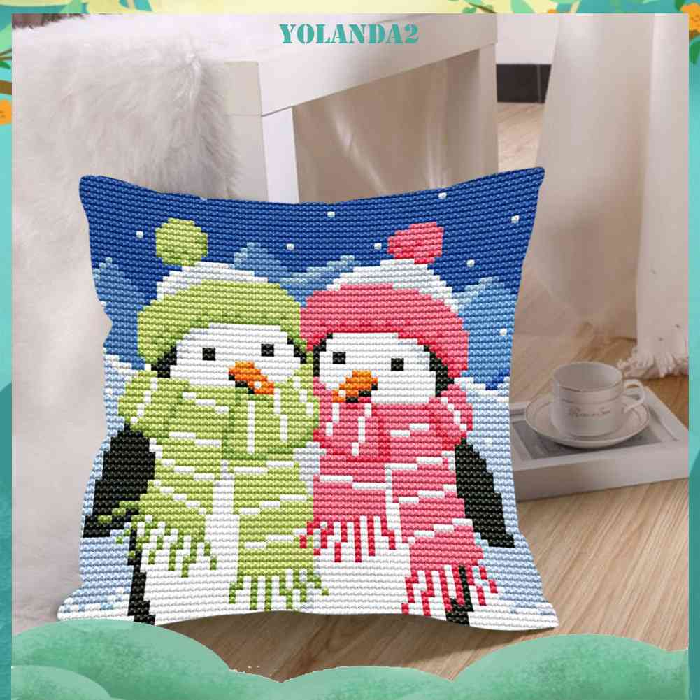 Vỏ Gối Thêu Chữ Thập DIY 11CT Hình Chim Cánh Cụt Xinh Xắn