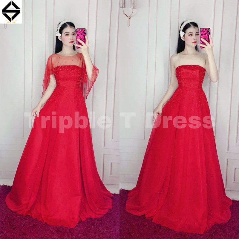 Đầm maxi mặc cưới cúp ngực phối áo choàng cườm ngọc rời TRIPBLE T DRESS - size M/L - MS195Y