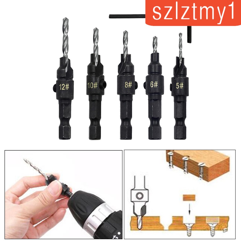 [Thunder]  5 Pcs HSS Steel Countersink Drill Bits with Wrench for Woodworking