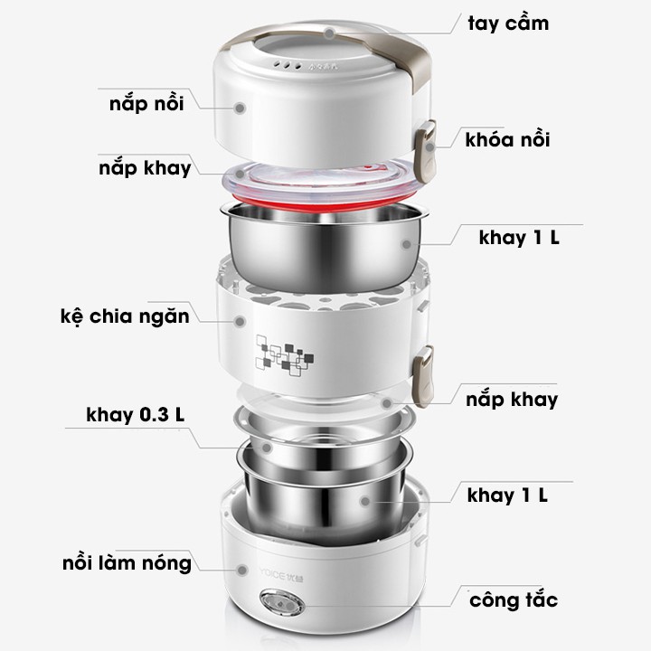 Hộp cơm cắm điện giữ nhiệt, hộp cơm văn phòng hâm nóng và nấu chín 3 tầng lõi inox không gỉ