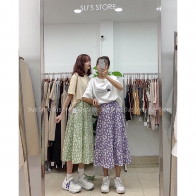 Chân váy hoa nhí Bingshop voan lụa dáng xoè cạp chun siêu hot | BigBuy360 - bigbuy360.vn