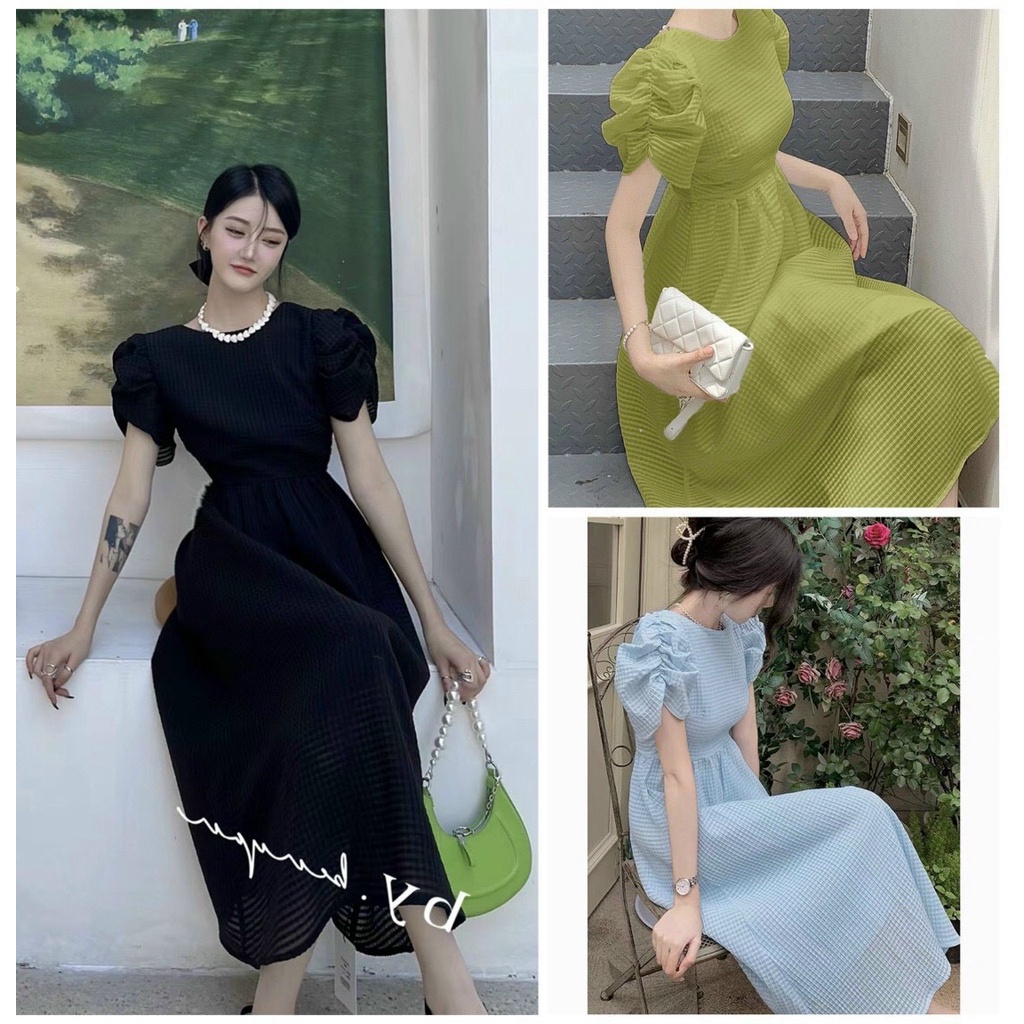Váy nữ thiết kế dự tiệc, đầm nữ thắt eo tay phồng