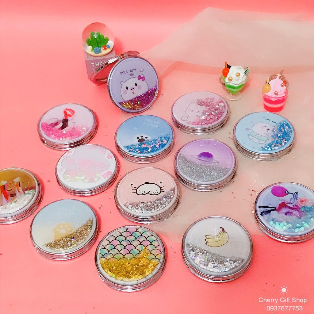 Gương Mini 2 Mặt Cầm Tay Có Kim Tuyến họa tiết dễ thương