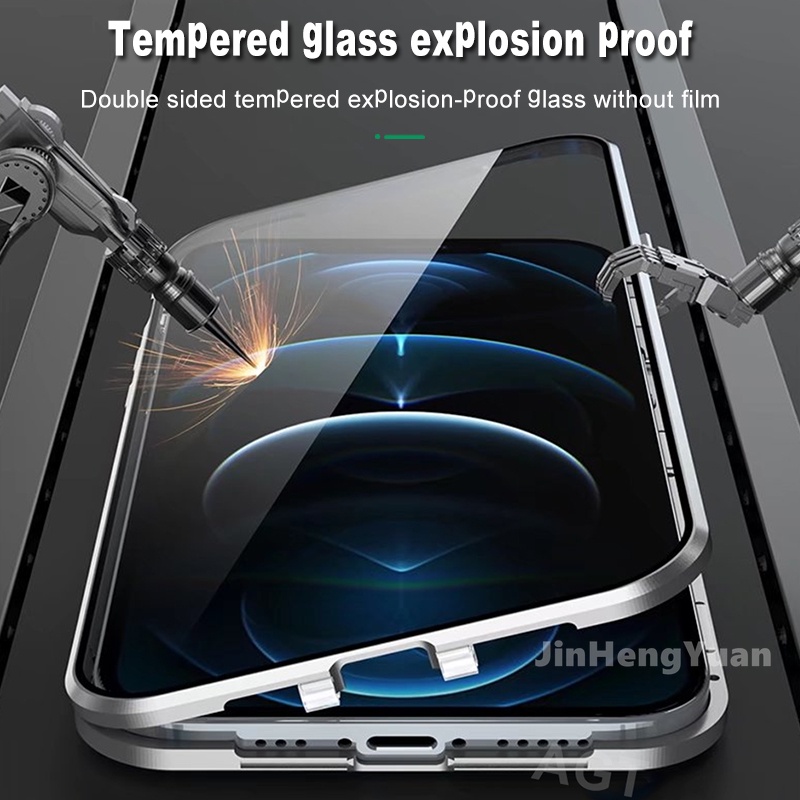 Ốp Điện Thoại Kính Cường Lực Hai Mặt Viền Kim Loại Hít Nam Châm 360 Độ IPhone 13 12 11 Pro Max 7 8 Plus X XSmax XR