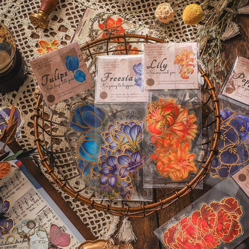 Set sticker vintage hình hoa độc đáo cỡ lớn, hình dán sticker trang trí sổ tay, nhật ký, thiệp mừng