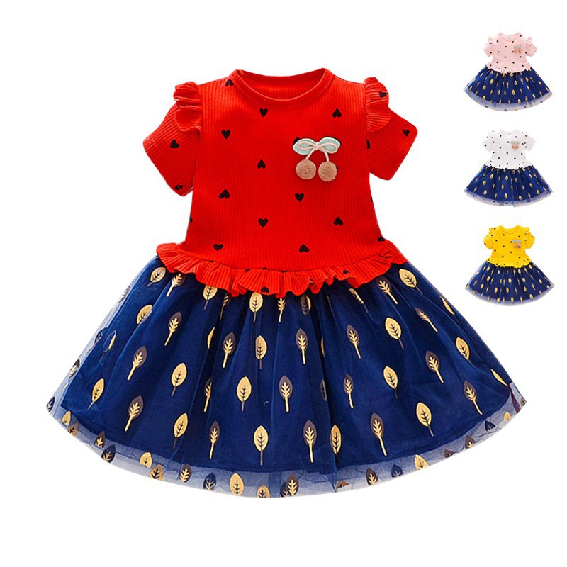 Đầm ngắn tay in họa tiết trái tim đáng yêu dành cho bé gái