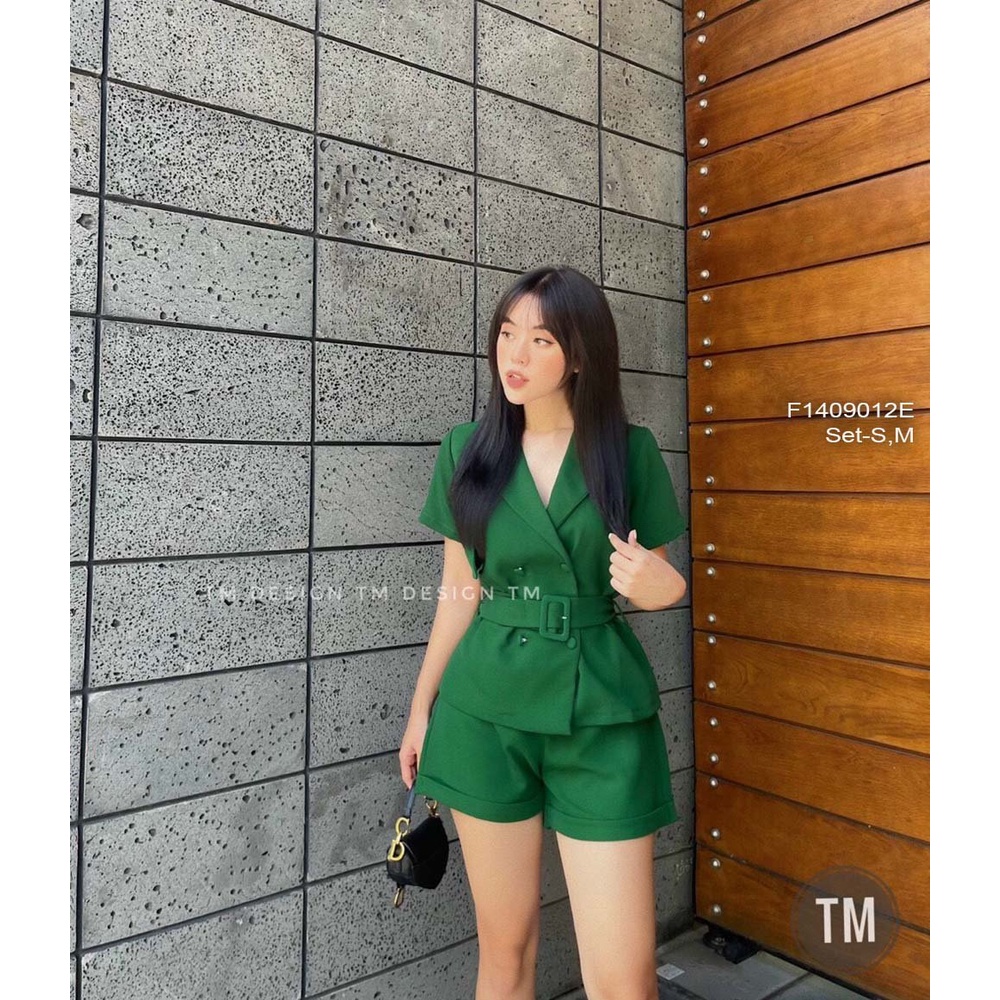 Set bộ áo vest khuy bọc thắt đai eo tay con kèm quần short!