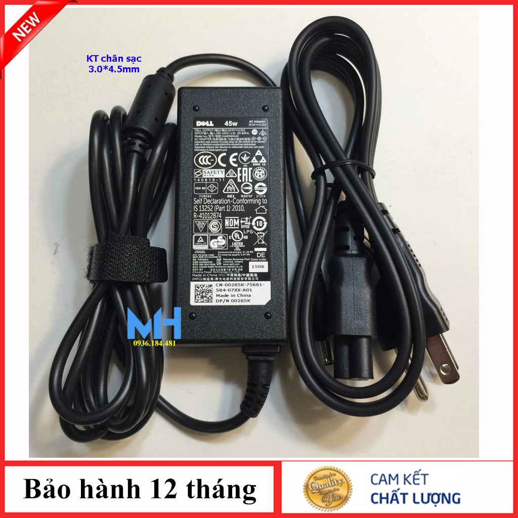 Sạc laptop Dell 19.5v-2,31a chân nhỏ zin, Sạc Dell 45w chân nhỏ ZIN có logo Dell in chìm trên thân sạc