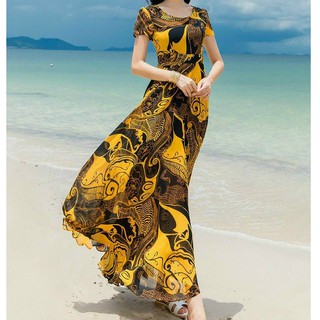 Váy Xòe Nữ Đi Biển, Đầm Maxi Dáng Dài Xòe Cổ Tròn Tay Cánh Sen Họa Tiết Thanh Lịch 2 Lớp Chất Voan Lụa Cao Cấp