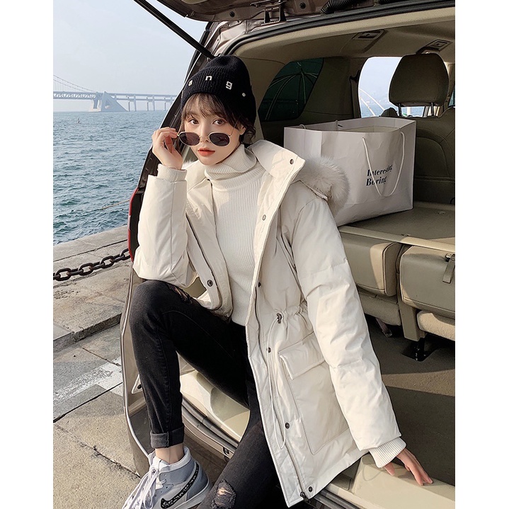 Áo khoác nữ phao lông vũ siêu ấm mũ lông thỏ to mịn hàng Quảng Châu cao cấp | BigBuy360 - bigbuy360.vn