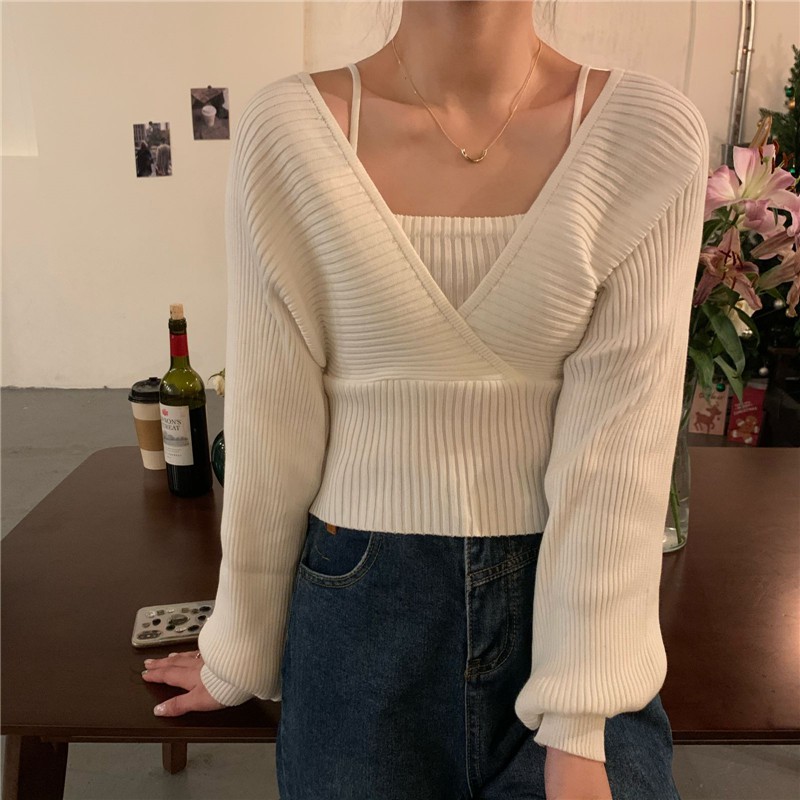 Áo sweater tay dài hở vai ôm eo phong cách thời trang Pháp