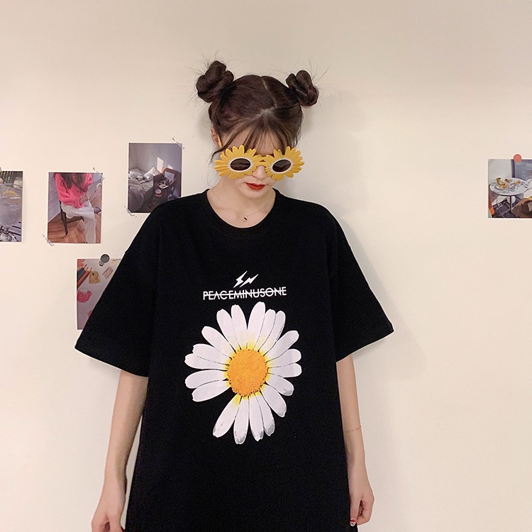 Áo Phông Nữ Form Rộng Dáng Unisex Hoa Cúc, Áo Thun Tay Lỡ Freesize Chất Cotton Co Dãn 4 chiều